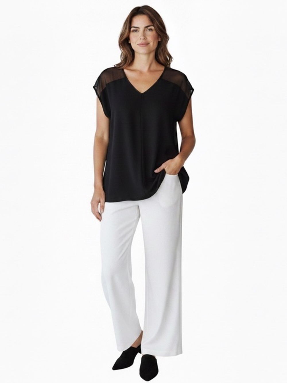 Eileen Fisher Black V-Neck Top with Sheer Shoulder Panels and Silk Crepe Body